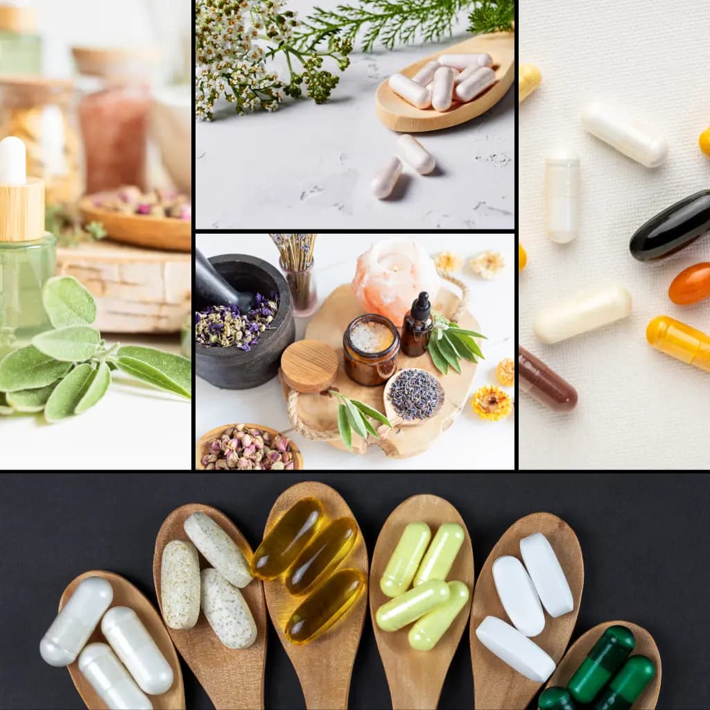 Colaj cu plante medicinale, suplimente naturale și remedii bazate pe principii active din natură, folosite în planurile de tratament Catabiomed